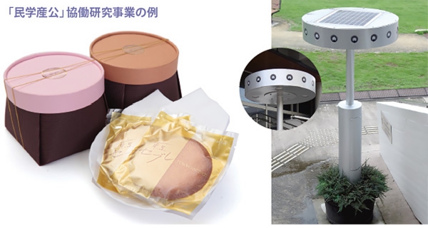 （左）（有）そーほっとによる「東京セブレ」は、福祉作業所で作られている焼き菓子で、みたかのおみやげブランド「TAKA-1」にも認定されている （右）横河電機（株）による「ソーラープラント」は、太陽光発電を用いた街路灯で、根元は人工植物が配されている